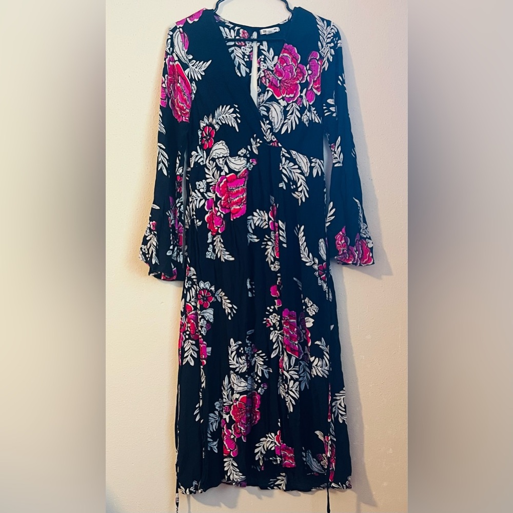 Billabong Black Floral Midi Dress with Pink & White Print